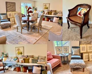 Accent Pillows, Dining Table and Chairs, Chair and Ottoman, Cane Chair and Decor