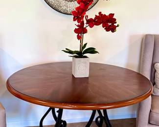 Round Dining Table, Faux Floral and Round Mirror