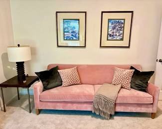 Michell Gold + Bob Williams Pink Velvet Sofa, Bernhardt Side Table, Table Lamp and Décor 