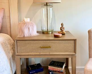 Michell Gold + Bob Williams Nightstand with Interchangeable Gold and Silver Hardware, Table Lamp, Napkin Holder, and Décor 
