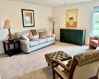 Grey Sleeper Sofa from Shubert Furniture, End Table, Ethan Allen Chest, Original Phoebe Ellsworth Art, Tufted Ottoman and Décor 