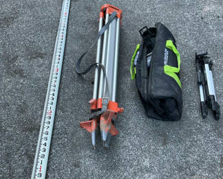Lot 27: Surveyor Equipment inc: Deitzgen Unisute Level, Laser Levels, Tripods, Measuring Rod, and Carrying Bag