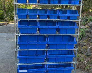 Lot 112: Steel Rolling Rack, Blue Containers