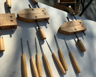 Lot 39: Wooden Hand Screw Clamps and Wood-Handled Chisels