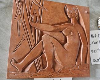 Hungarian Terracotta plaque, for wall hanging, by noted artist Janos Kiss Pandi.   Art Deco.
