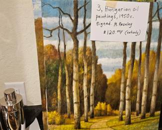 3 'triptich' oil paintings from 1950's Hungarian forest scene.  