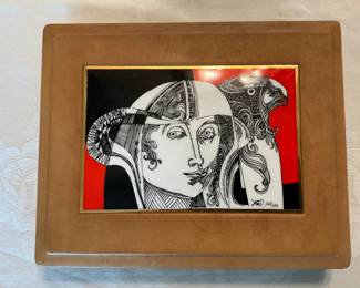 Endre Szasz Leather jewelry box with hand-painted enamel design.  Signed. 