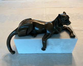 French Art Deco Panther-Bronze on Marble. Signed and Foundry Stamped.
