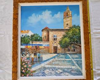 French Oil Painting, of St. Tropez on the Riveria, Market Scene, Jerusalem Olive wood frame.