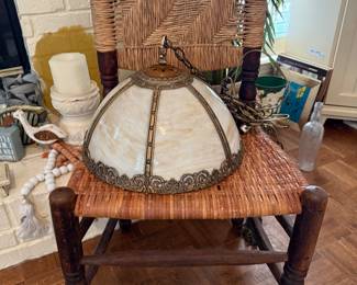 Antique Chair, hanging slag glass light 