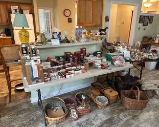 Longaberger basket, hallmark ornaments, 1996 Olympic figurines,