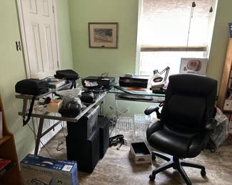 Glass desk, HP printers/scanners