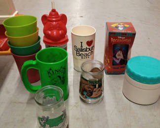 Lot 33: Pocahontas , chunky cheese , welchs, and assorted vintage cups and glasses 