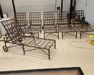Brown Jordan aluminum furniture: 6 chaise loungers, 6 stools & 6 chairs. All w matching cushions. Plus 2 end tables.  Being sold in sets of 6 ONLY. 