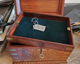 Antique jewelry box, rosewood w brass inlay, circa 1870