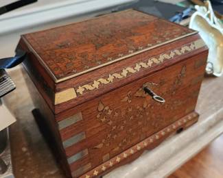 Antique jewelry box, rosewood w brass inlay, circa 1870