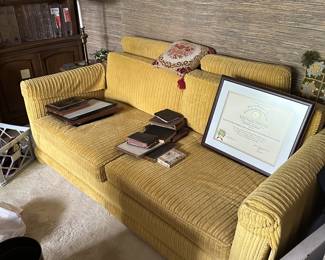 Mid Century Vintage 70s Goldenrod Yellow Velvet Striped Sofa