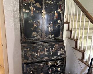 Chinoiserie Black Lacquer Secretary Cabinet