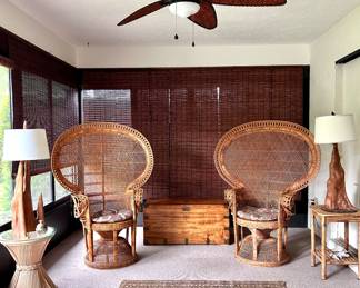 Pair Anglo Indian Peacock Chairs, Cypress Knee Lamps, Camphor Chest