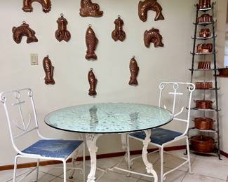 Cast Iron Table, French Pot Rack, Copper Molds & Pots