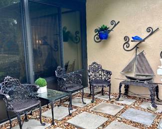 Moultrie Mfg. Co.  Cast Iron Lyre Back Chairs,  Sailboat Weathervane