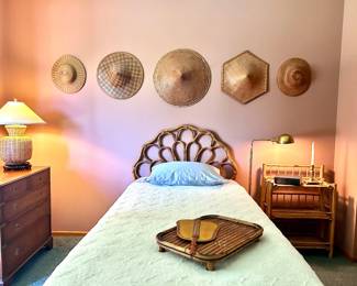 Mahogany Military Chest, Rattan Headboard, Collection Rattan Conical Hats