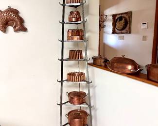 Tall French Pot Stand, Copper Molds and Pots