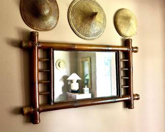 Vintage Bamboo Mirror -  Rattan Woven Conical Hat Collection