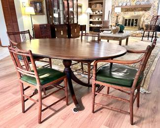 Mahogany Pedestal Dining Table with Kittinger Faux Bamboo Chairs