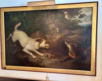 Antique Oil Painting of Dogs and Fox Hunt