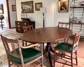 Mahogany Pedestal Dining Table with Kittinger Faux Bamboo Chairs