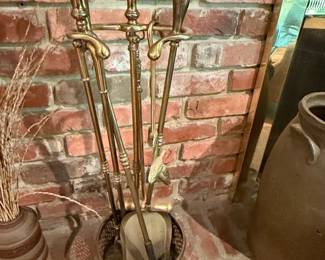 Brass Fireplace Tool Set with Leaf Motif