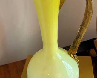 Yellow Cased Glass Pitcher with Amber Handle and Ruffled Rim