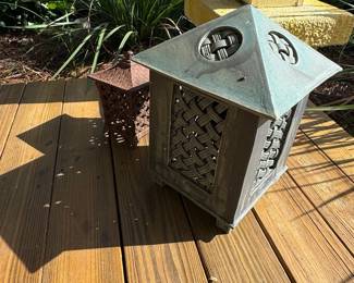 Set of Two Vintage Pagoda Style Metal Lanterns