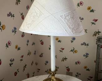 Vintage Brass Candlestick Table Lamp with White Linen Shade
