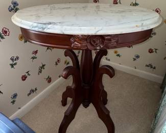 Antique Victorian Walnut Marble Top Parlor Table