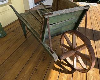 Antique Wooden Wheelbarrow with Green Metal Hopper