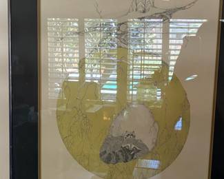 Original Art Print by Peter Parnall with Raccoons and Tree