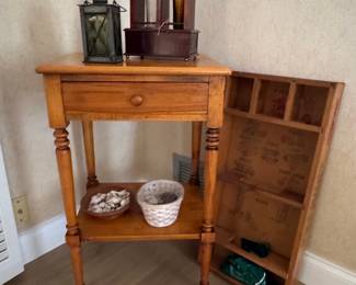 Vintage Pine Side Table with Drawer and Multi-Compartment Shelf