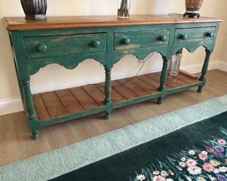 Green Painted Console Table with Wood Top and Scalloped Apron