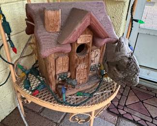 Whimsical Wooden Birdhouse with Christmas Lights