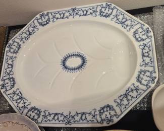 Octagonal Blue Transferware Platter with Fruit and Ribbon Motif