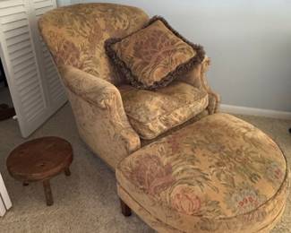 Floral Upholstered Armchair with Ottoman