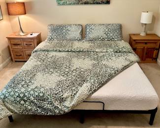 Adjustable King Bed with Memory Foam Mattress (with risers to make it taller), Nightstands and Décor 