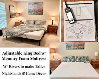 Adjustable King Bed w/ Memory Foam Mattress W/ Risers to make Taller Nightstands & Home Décor