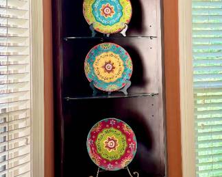  Black Corner Shelf, Decorative Plates and Faux Floral in Vase