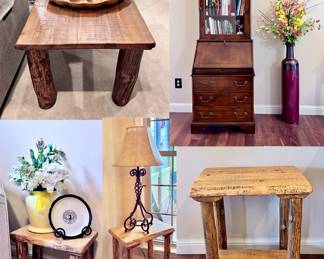 Log Cabin Tables, Small Secretary Desk and Décor 