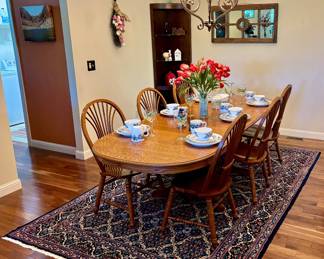Oak Dining Table and Chairs, Area Rug and Dinner Ware