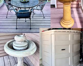 Outdoor Wrought Iron Table and Chairs, Fountain, Storage Shed and Birdbath