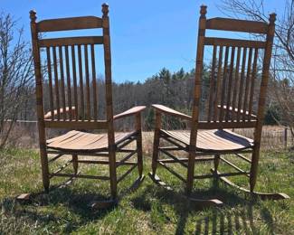 003 pairofwoodenslatbackrockingchairs